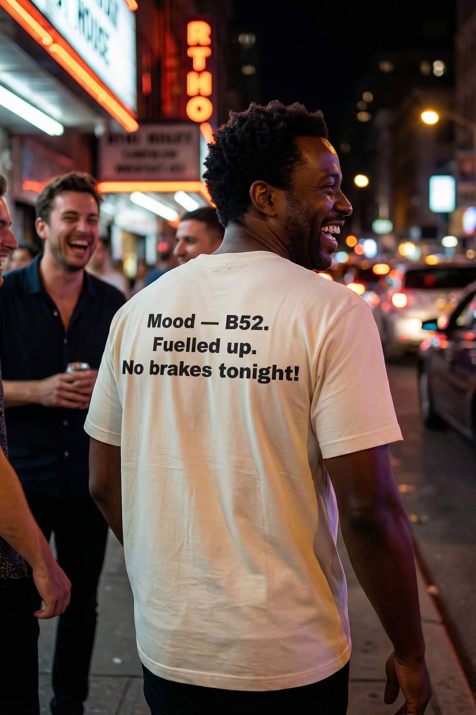 Friends enjoying vibrant nightlife wearing Mood — B52. Fuelled Up. No Brakes Tonight!, celebrating pure enthusiasm and carefree connection