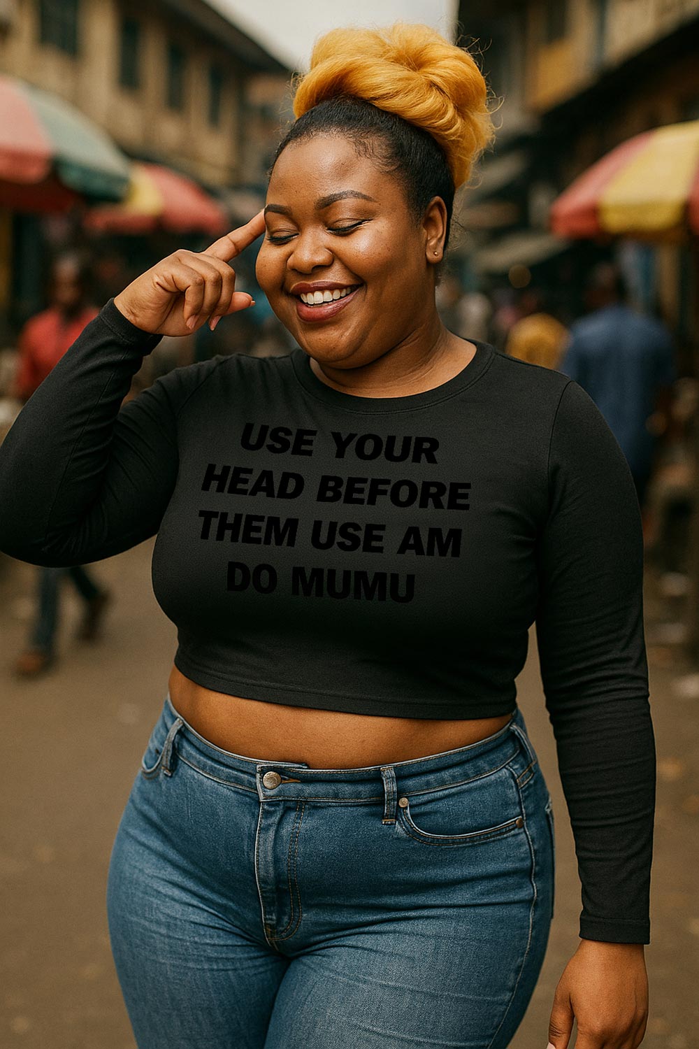 Happy woman pointing to head in use your head before them use am do mumu best defense gift.