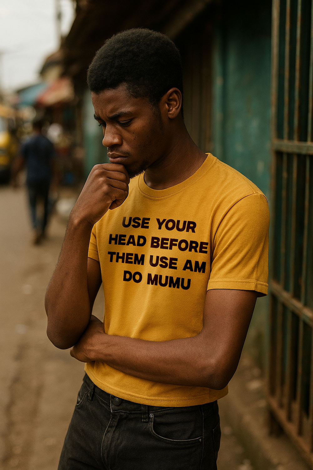Thoughtful man touching chin wearing use your head before them use am do mumu sharp thinking perfect gift.
