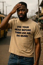 Serious man touching head wearing use your head before them use am do mumu protecting energy meaningful gift.