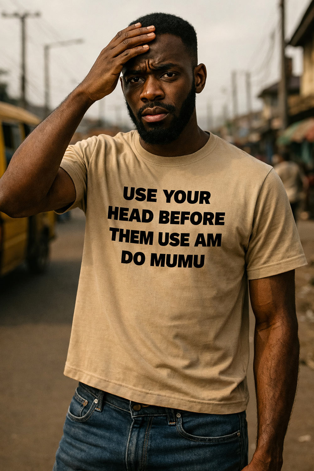 Serious man touching head wearing use your head before them use am do mumu protecting energy meaningful gift.