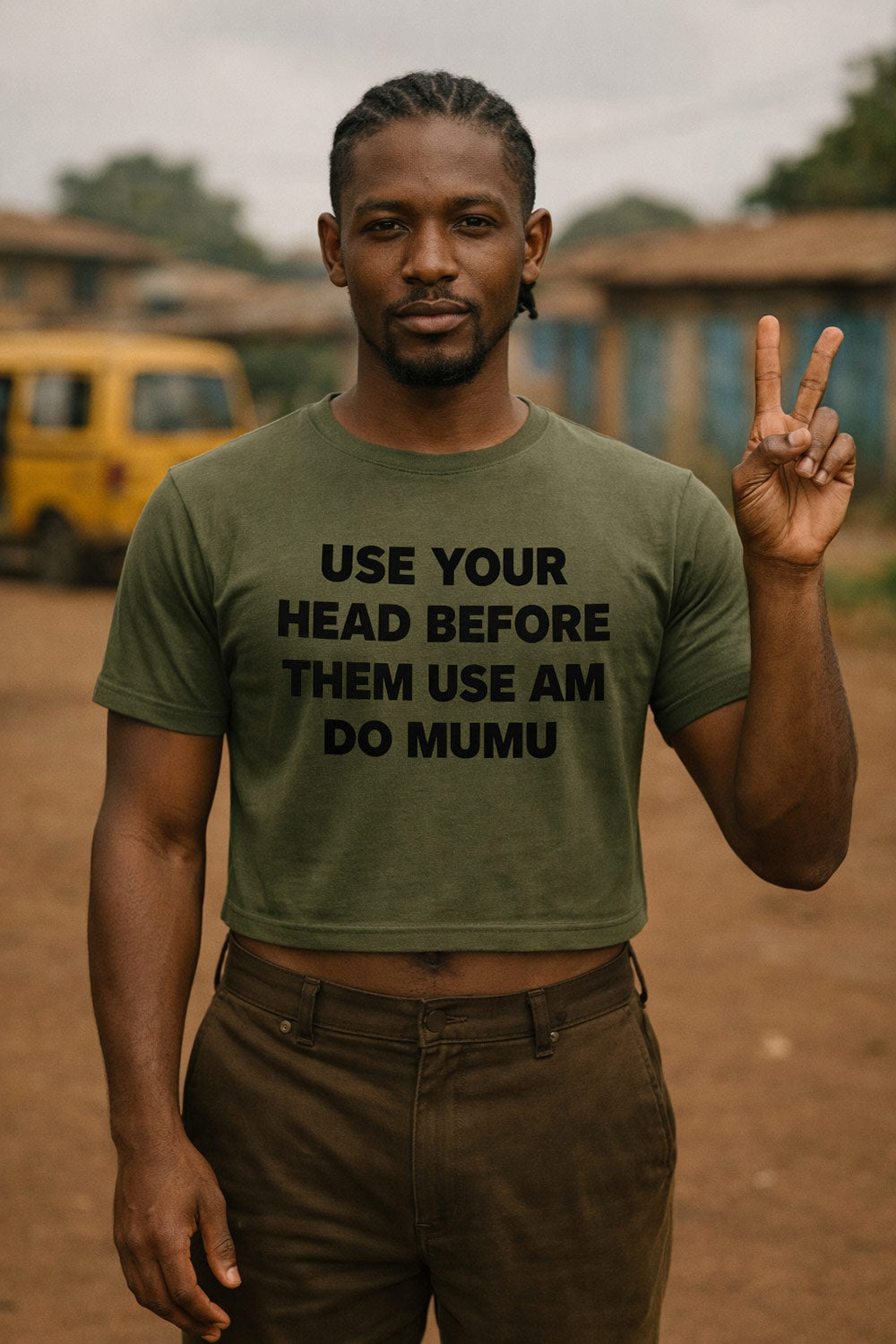 Confident man showing peace sign in use your head before them use am do mumu clear understanding gift.