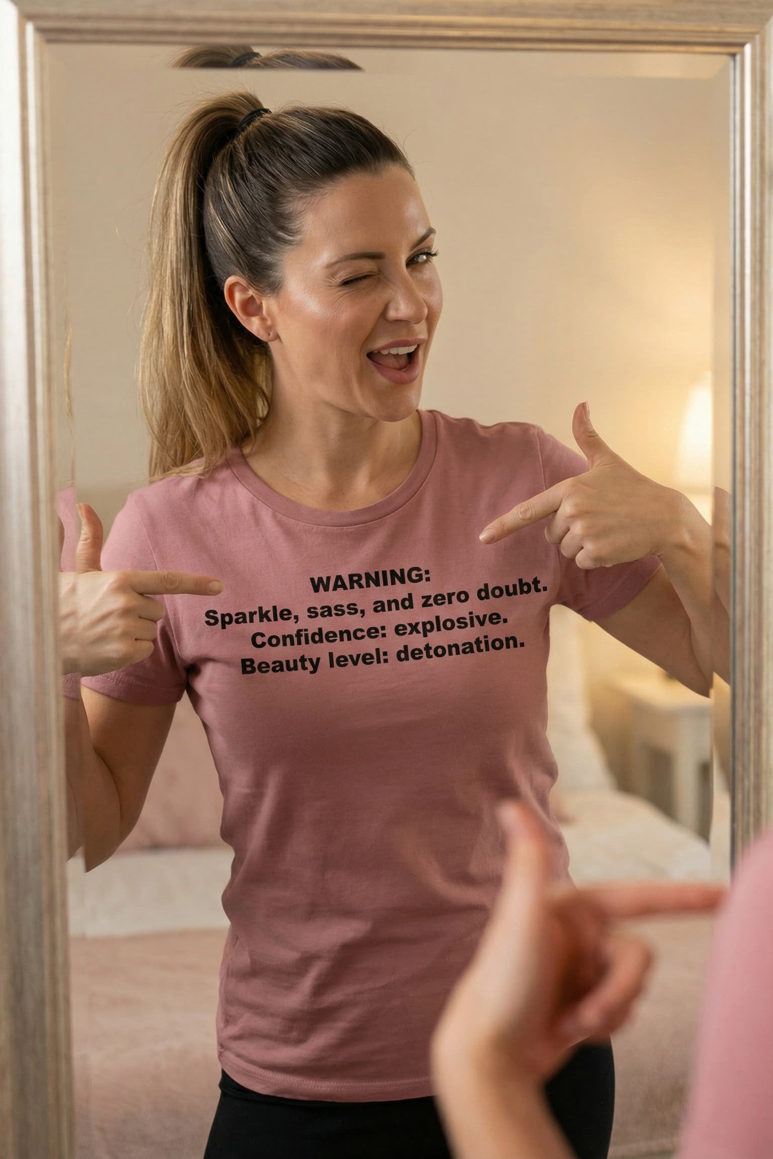 Playful woman pointing in mirror wearing warning sparkle sass and zero doubt, perfect gift for friends.