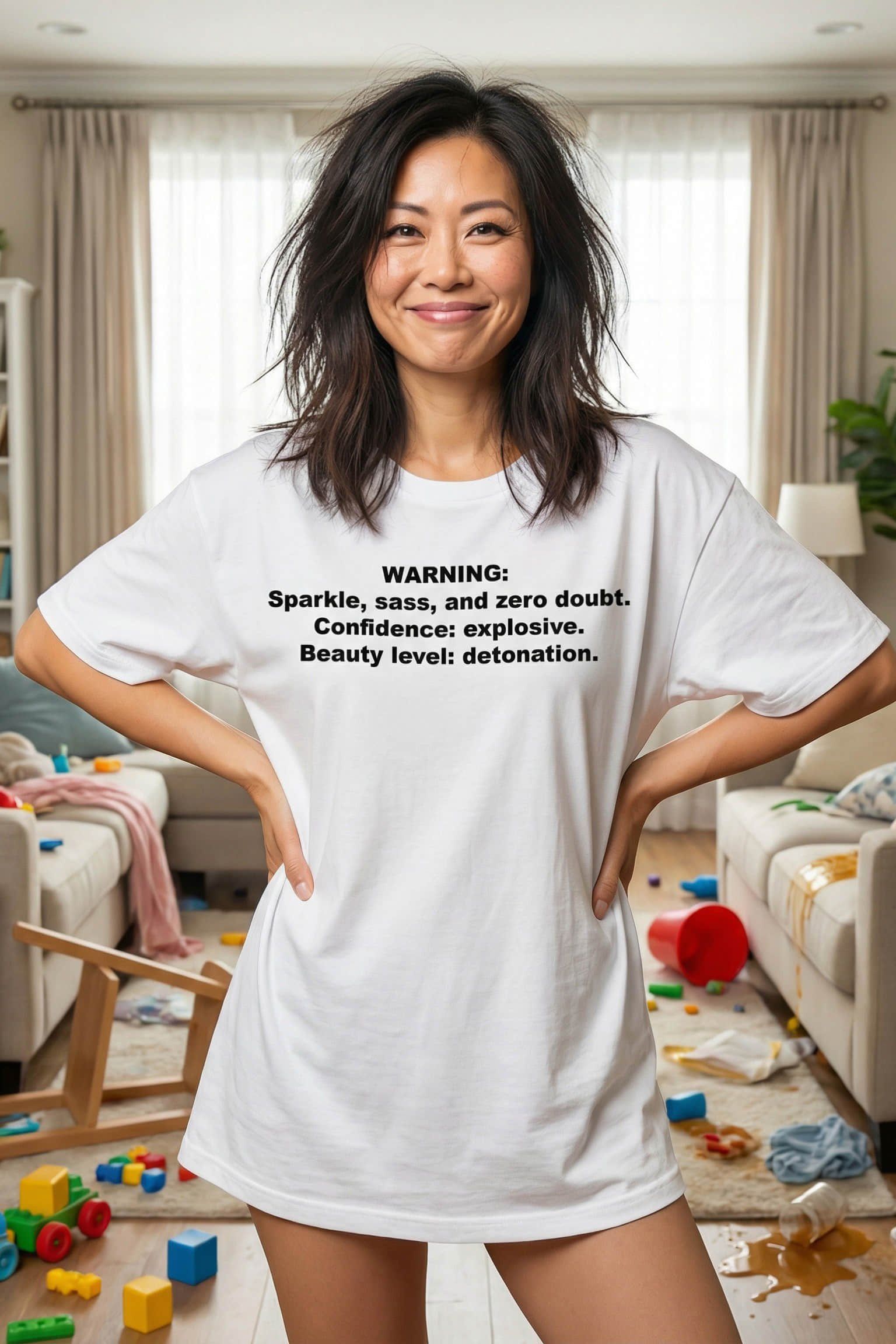 Confident mother in a messy room wearing confidence explosive beauty level detonation, perfect gift for her.