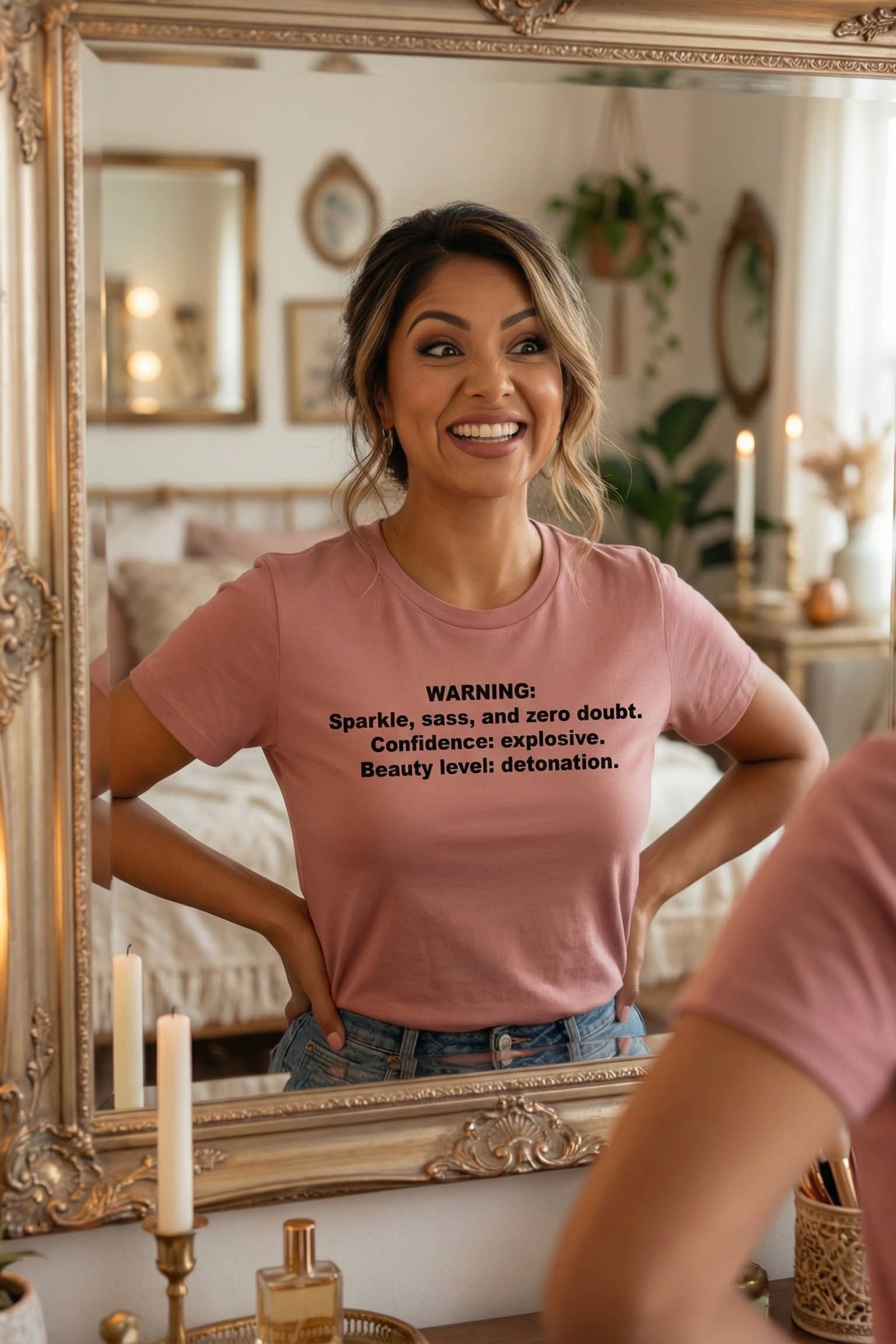 Smiling woman looking in a mirror wearing warning sparkle sass and zero doubt, ideal empowering gift.