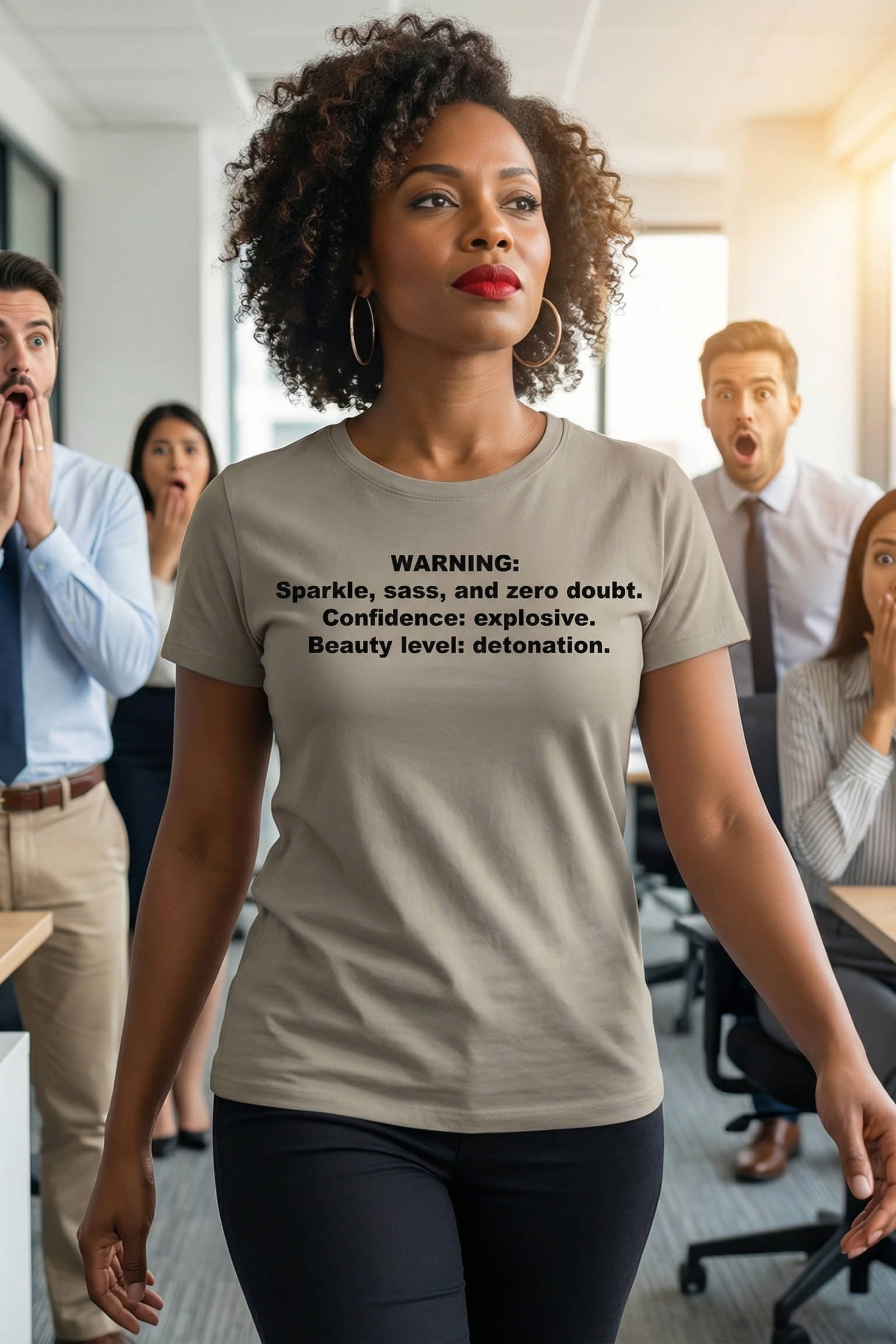 Bold woman walking through an office wearing confidence explosive beauty level detonation, a perfect empowering gift.