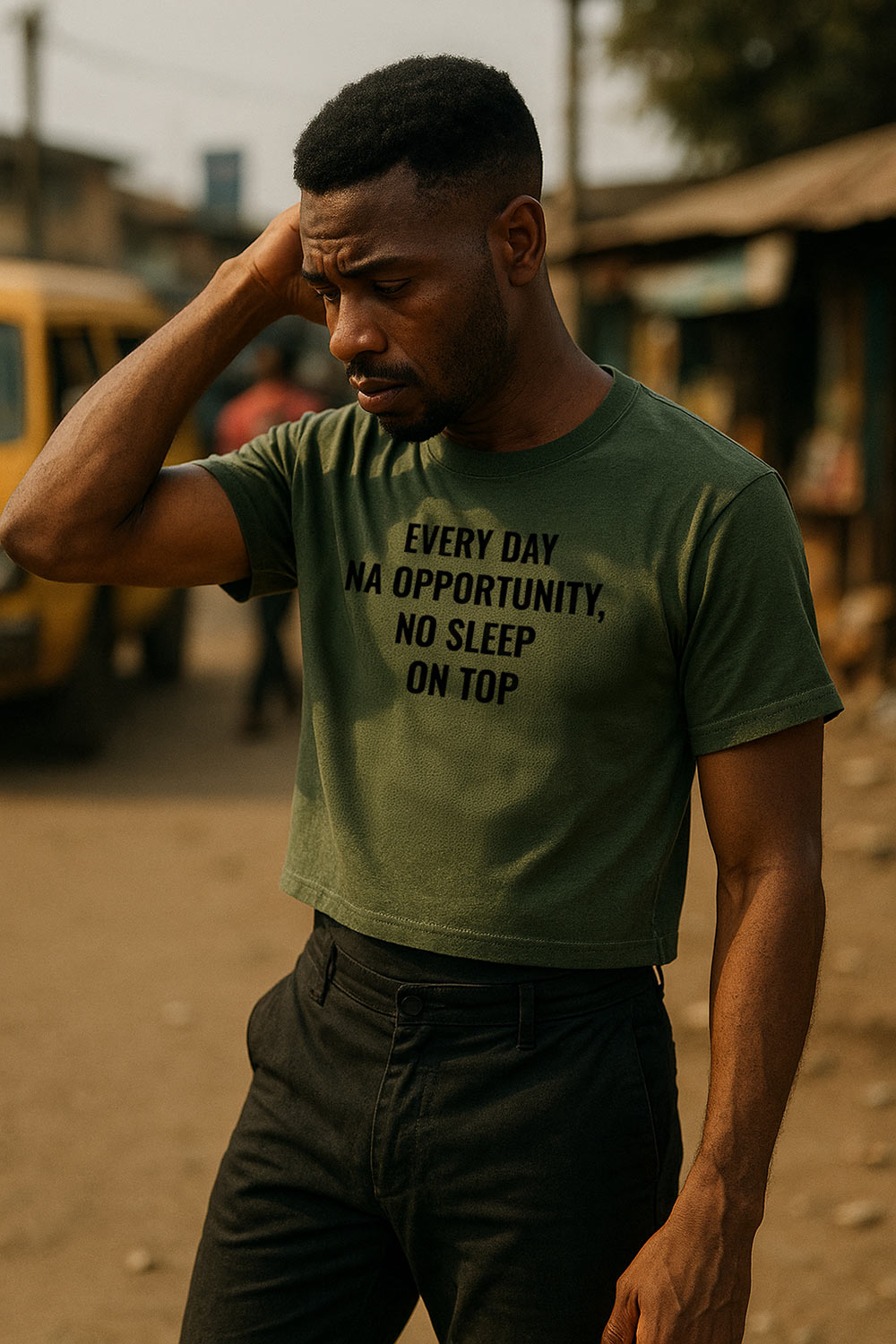 Relaxed man standing wearing every day na opportunity no sleep on top grabbing blessing gift for him.