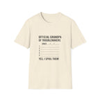 Minimalist flat lay of Official Grandpa of Troublemakers premium cream shirt; high-quality fabric detail for a luxury family-themed gift