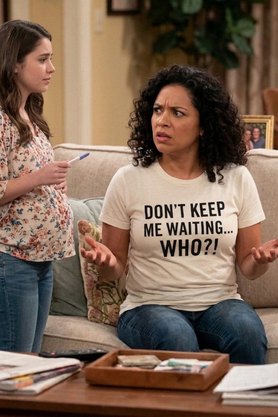 Shocked woman on a couch wearing don't keep me waiting who reacting to surprising news, perfect gift.