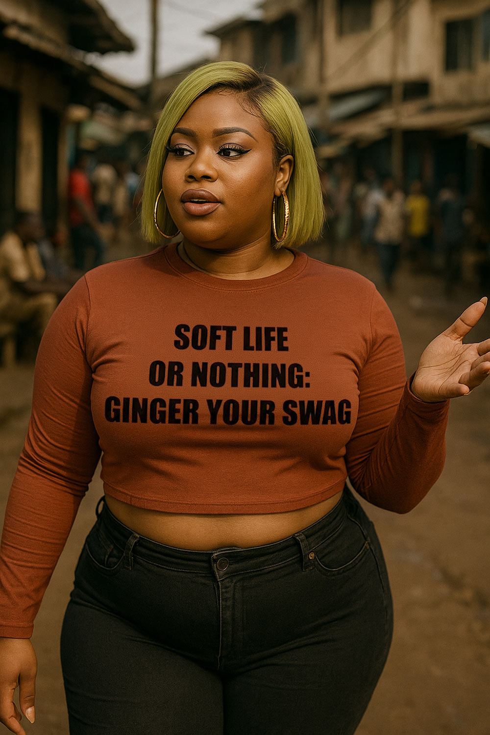 Confident woman gesturing in soft life or nothing ginger your swag enjoying good things perfect gift.