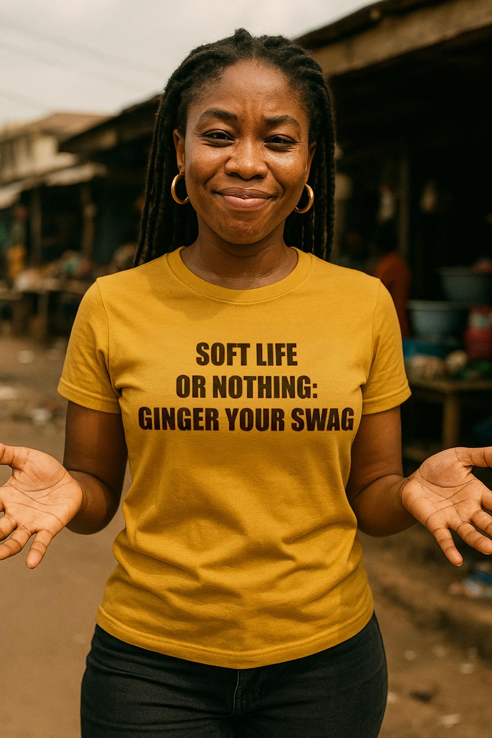 Smiling woman with open hands wearing soft life or nothing ginger your swag beautiful frequency gift.