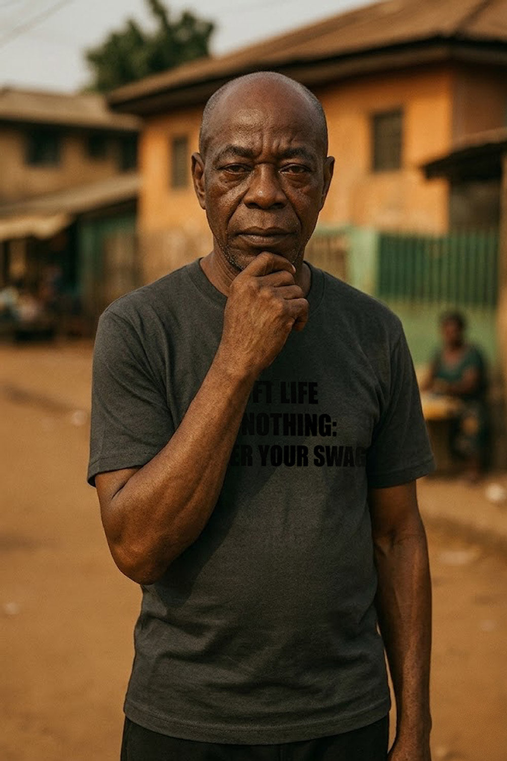 Serious older man touching chin wearing soft life or nothing ginger your swag serious commitment gift.
