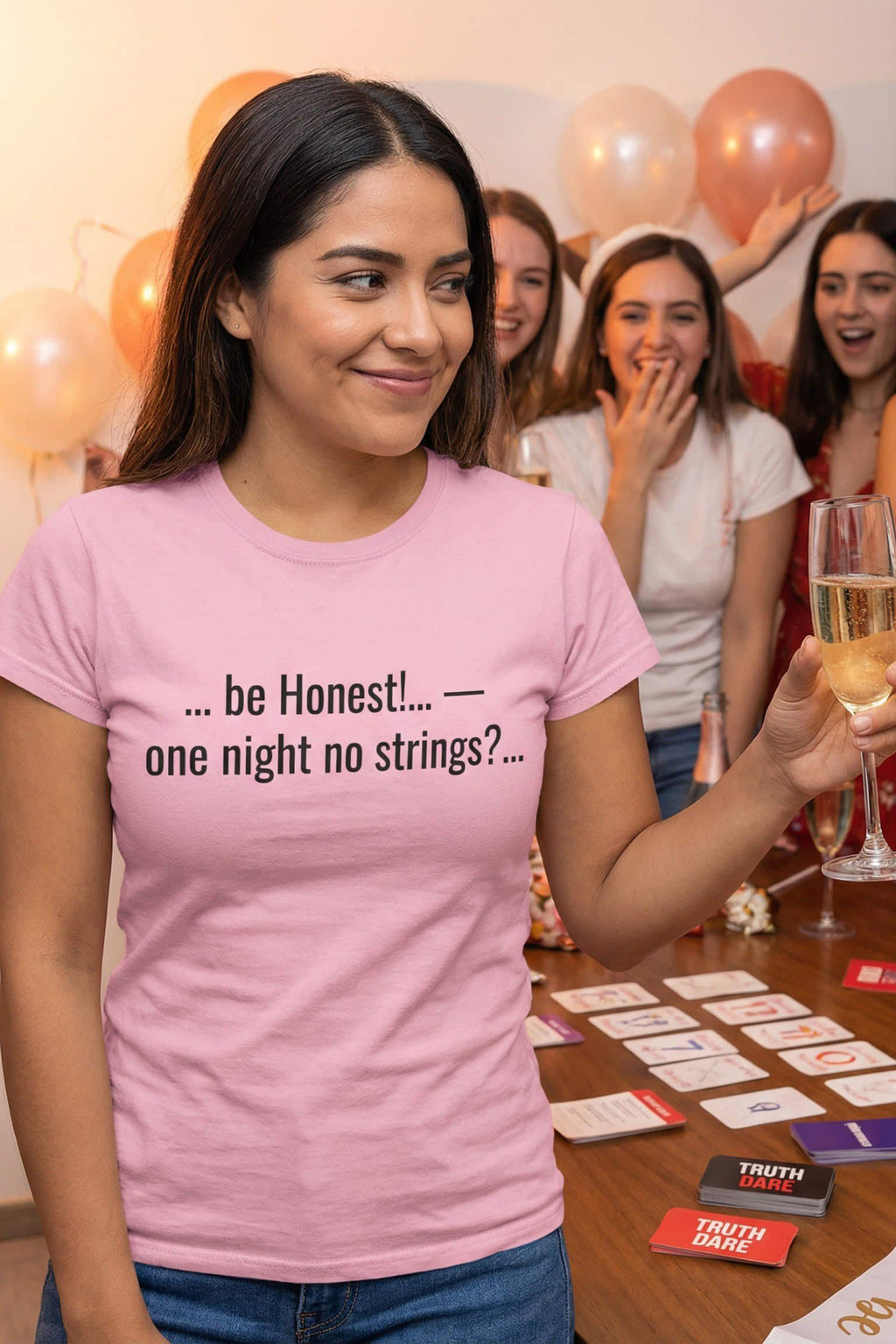 Smiling woman holding champagne wearing be honest one night no strings embracing connections, perfect gift for friends.