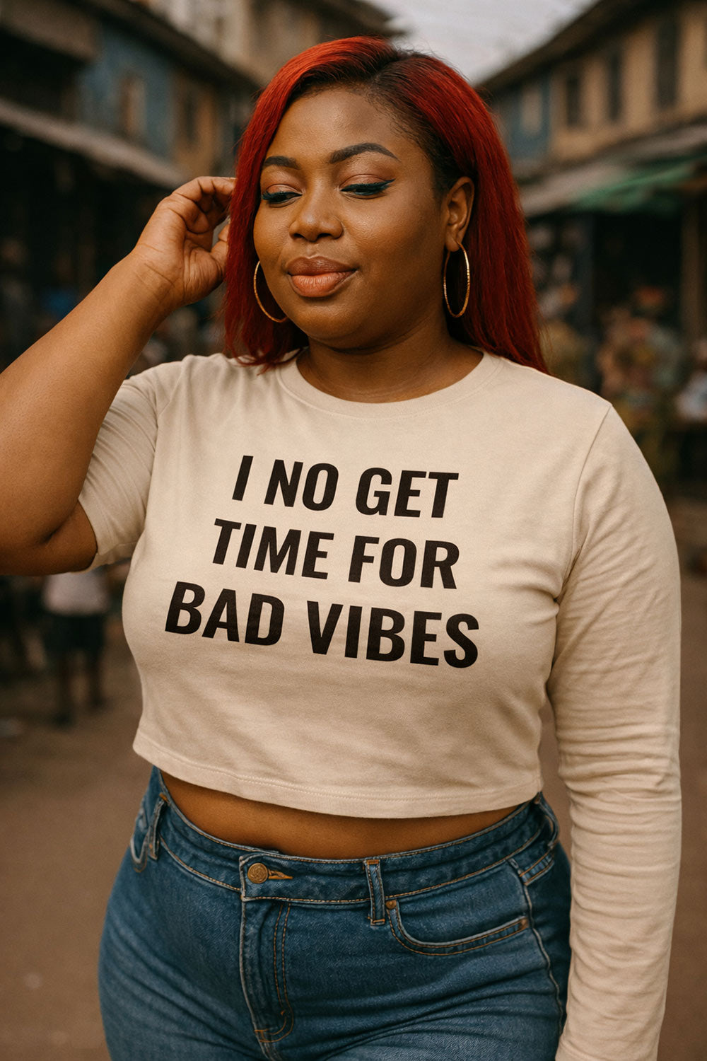 Relaxed woman touching hair wearing I no get time for bad vibes protecting peace perfect gift.