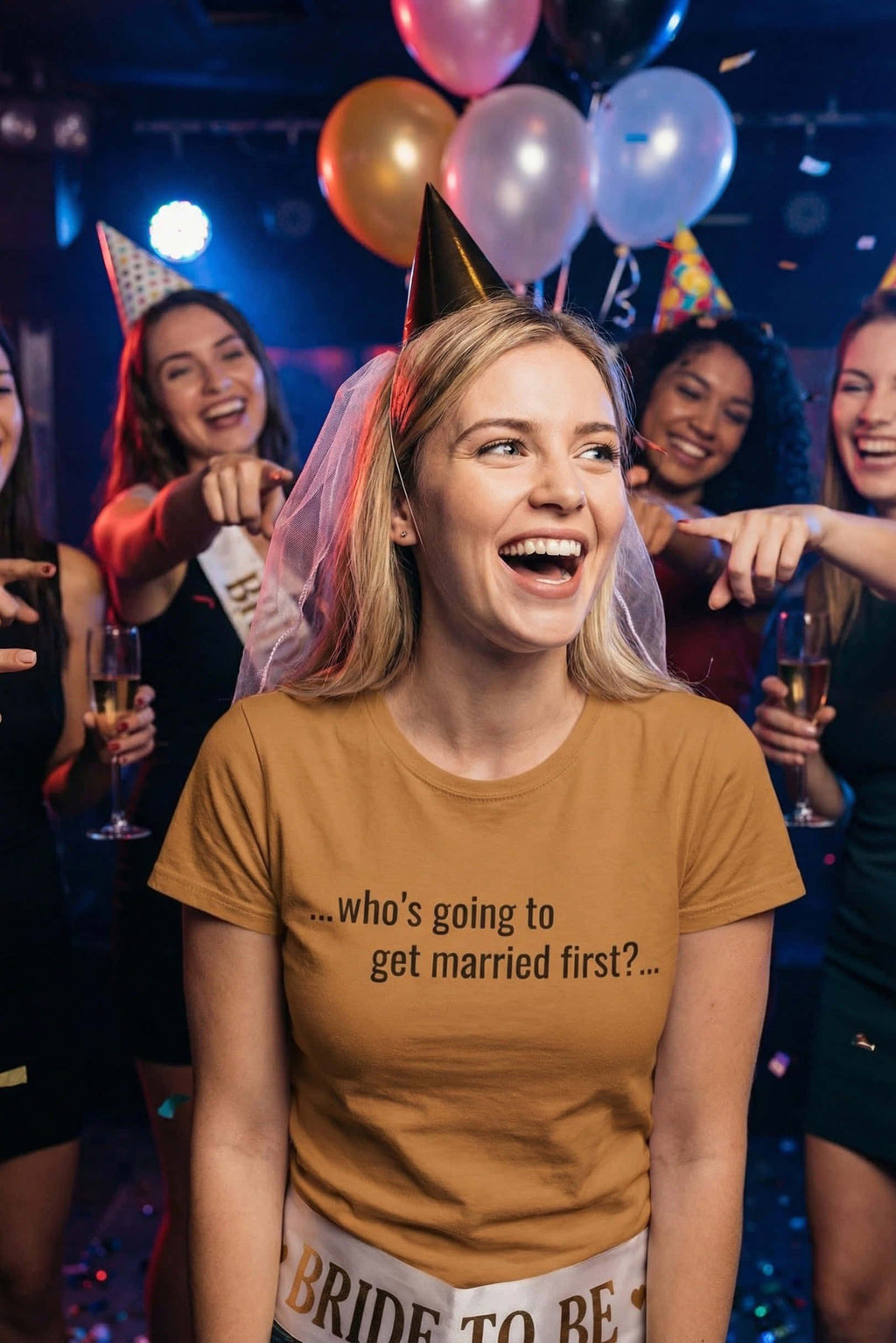 Cheerful bride at a party wearing who's going to get married first sharing joyful mysteries, perfect gift.