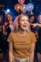 Cheerful bride at a party wearing who's going to get married first sharing joyful mysteries, perfect gift.