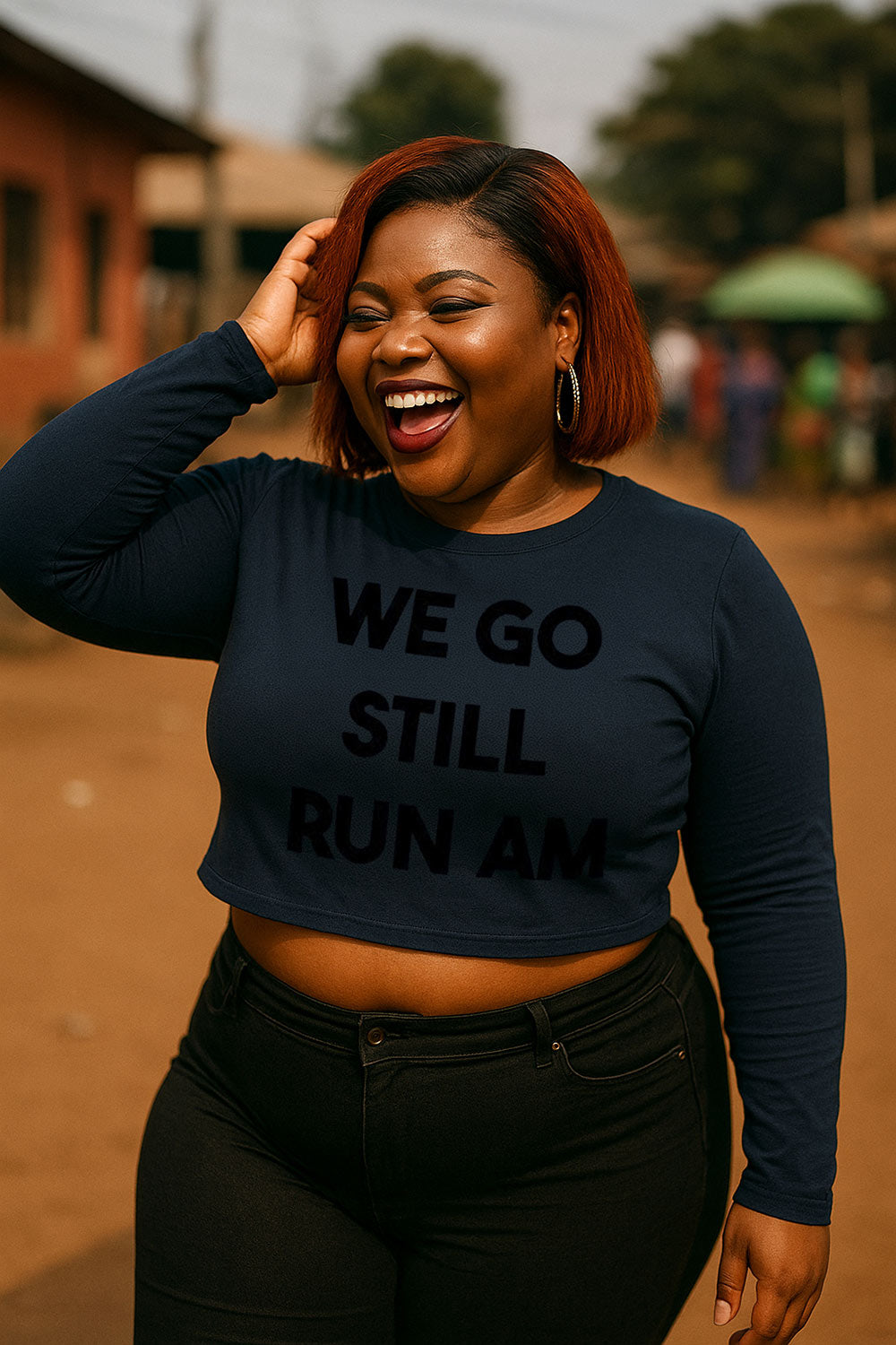 Happy woman laughing touching hair in we go still run am strong survival spirit perfect gift.