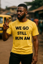 Confident man showing peace sign in we go still run am standing strong again meaningful gift.