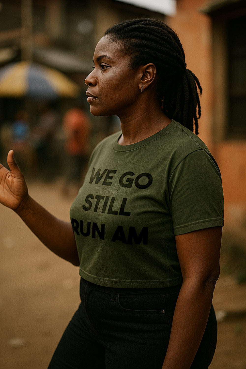Serious woman gesturing sideways wearing we go still run am pure inner ginger perfect gift.