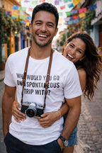 Smiling man with camera wearing who would you go on a spontaneous trip with sharing adventures, ideal gift.