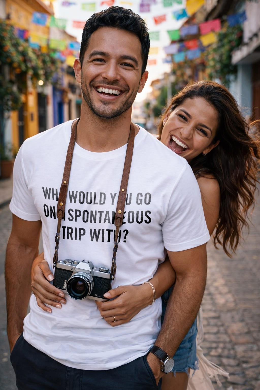 Smiling man with camera wearing who would you go on a spontaneous trip with sharing adventures, ideal gift.