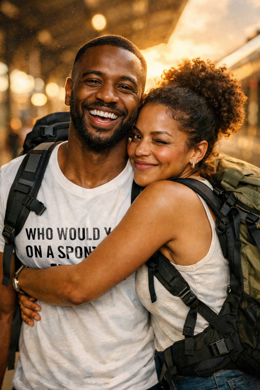 Happy couple hugging at station wearing who would you go on a spontaneous trip with, perfect partner gift.