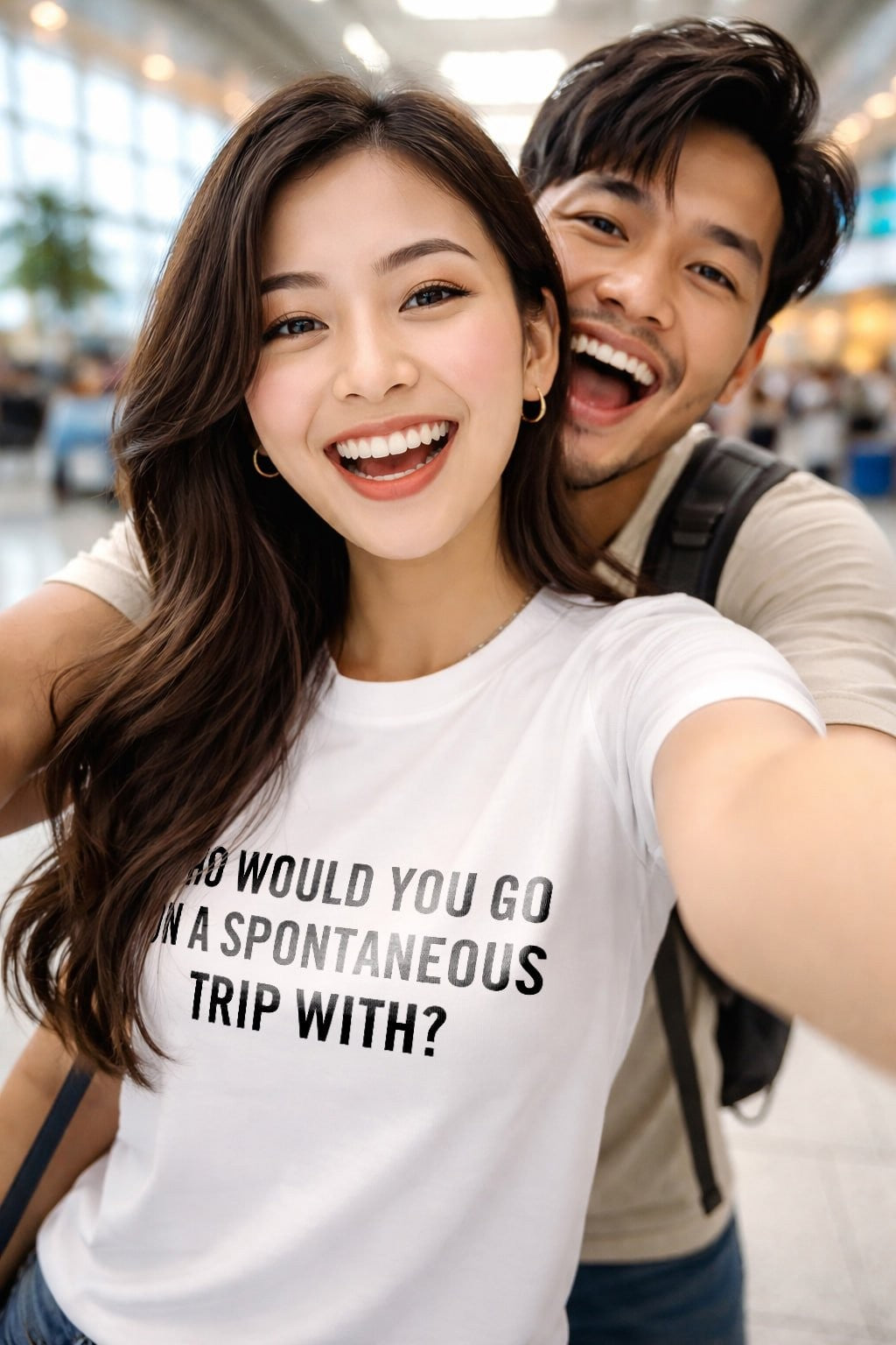 Cheerful couple taking airport selfie wearing who would you go on a spontaneous trip with, ideal traveler gift.