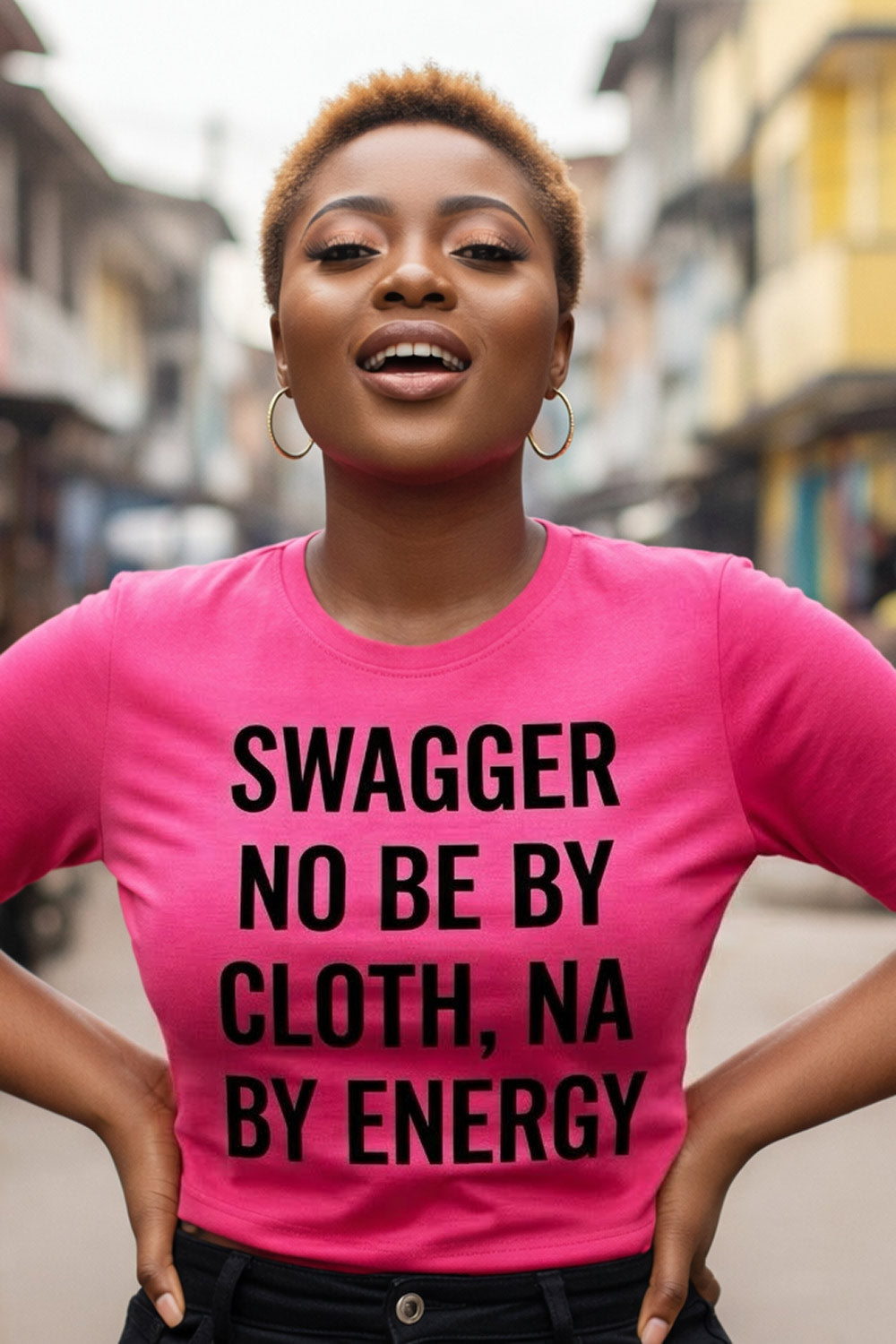 Confident woman posing in swagger no be by cloth na by energy natural confidence perfect gift.