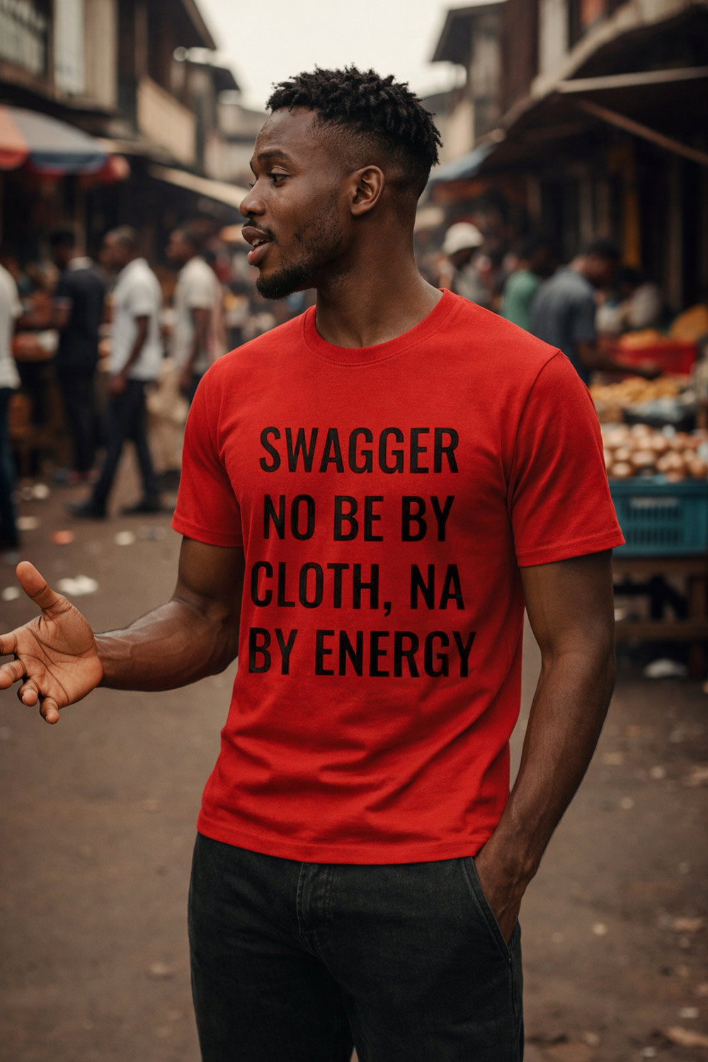 Man gesturing sideways in swagger no be by cloth na by energy pure vibe meaningful gift.