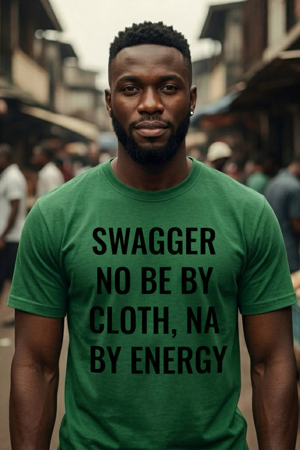 Calm man standing wearing swagger no be by cloth na by energy true presence gift.