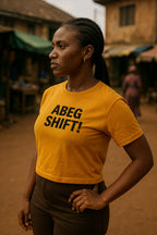 Confident lady look away wear abeg shift shirt as perfect gift to block bad energy.
