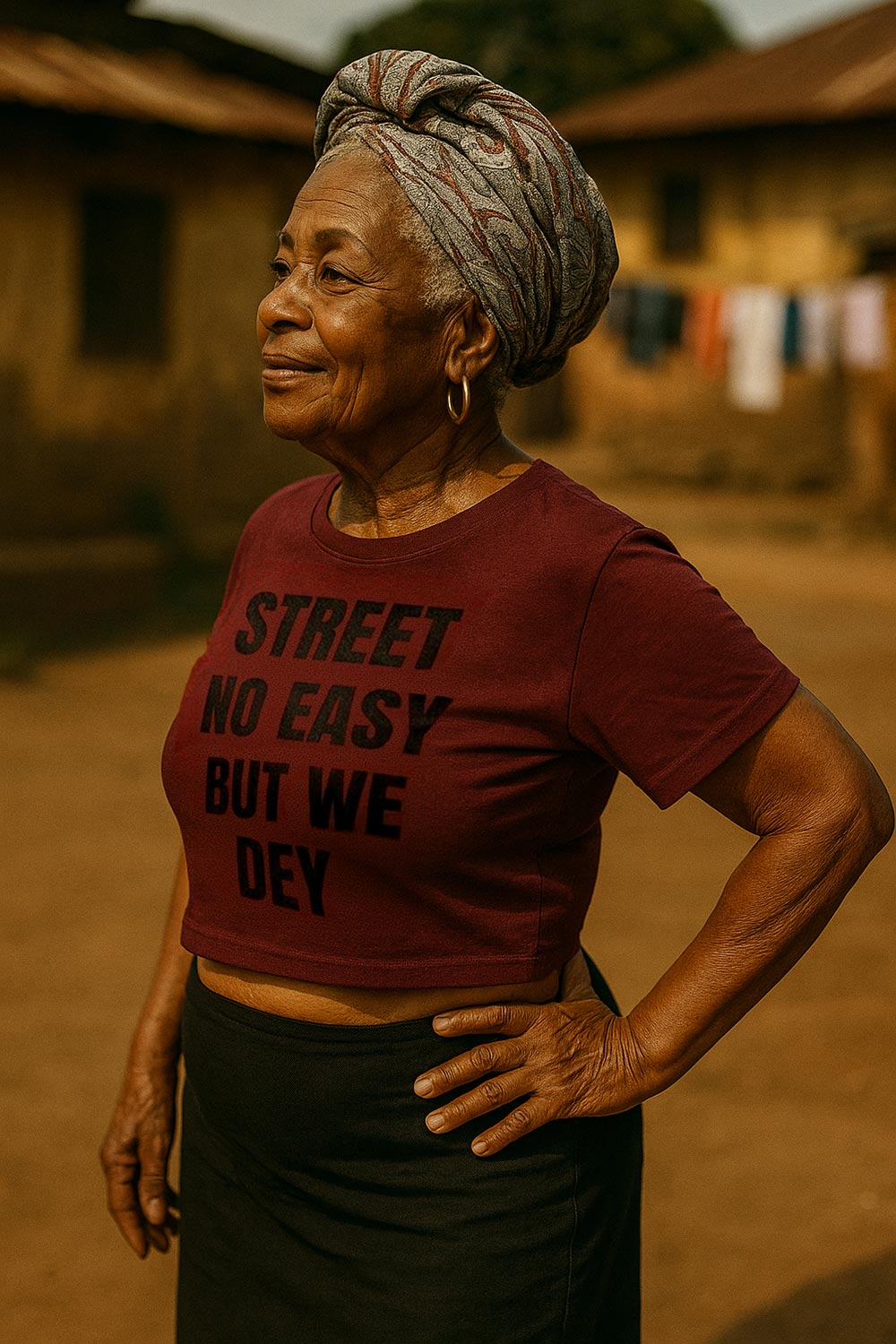 Confident older woman standing in street no easy but we dey with strong mind perfect gift.