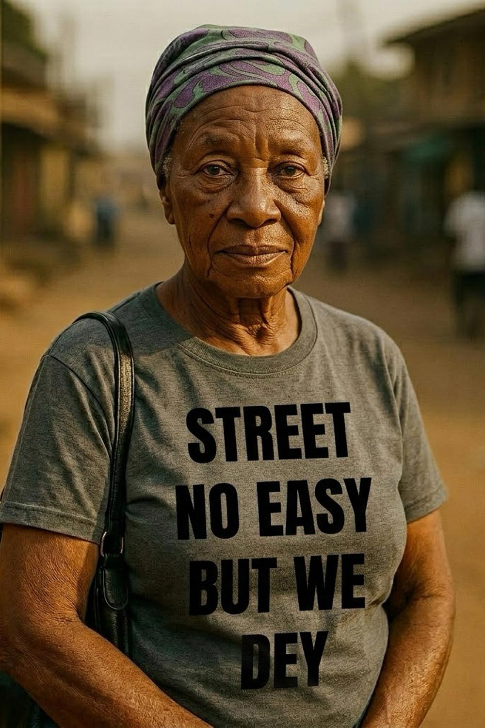 Serious older woman looking forward in street no easy but we dey carrying correct ginger gift.