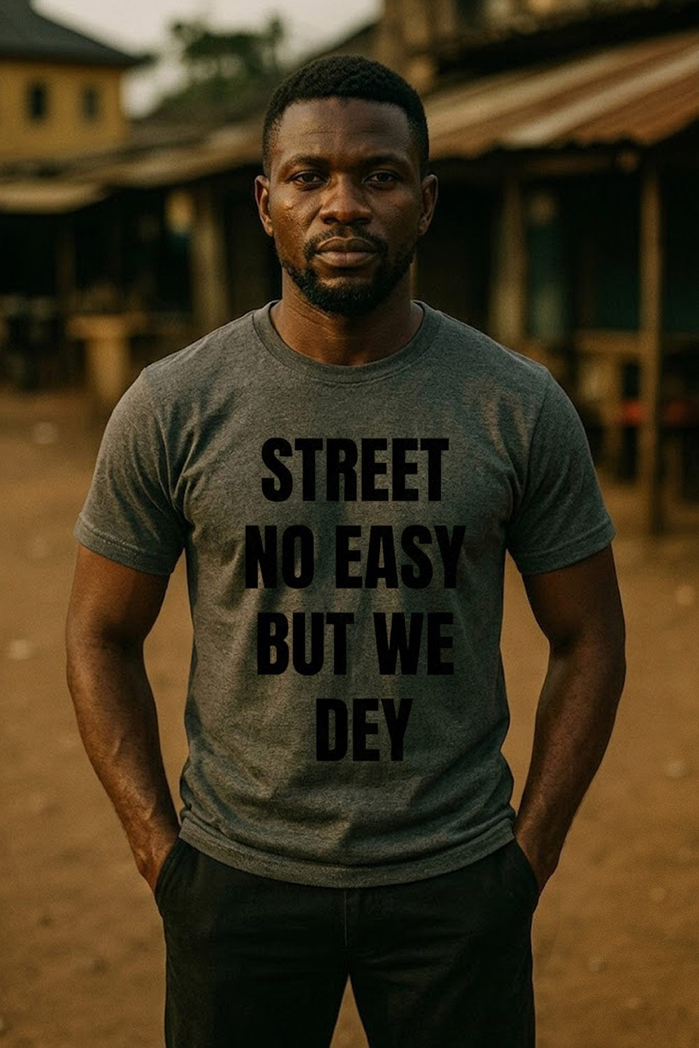 Relaxed man standing wearing street no easy but we dey hoping for better tomorrow meaningful gift.