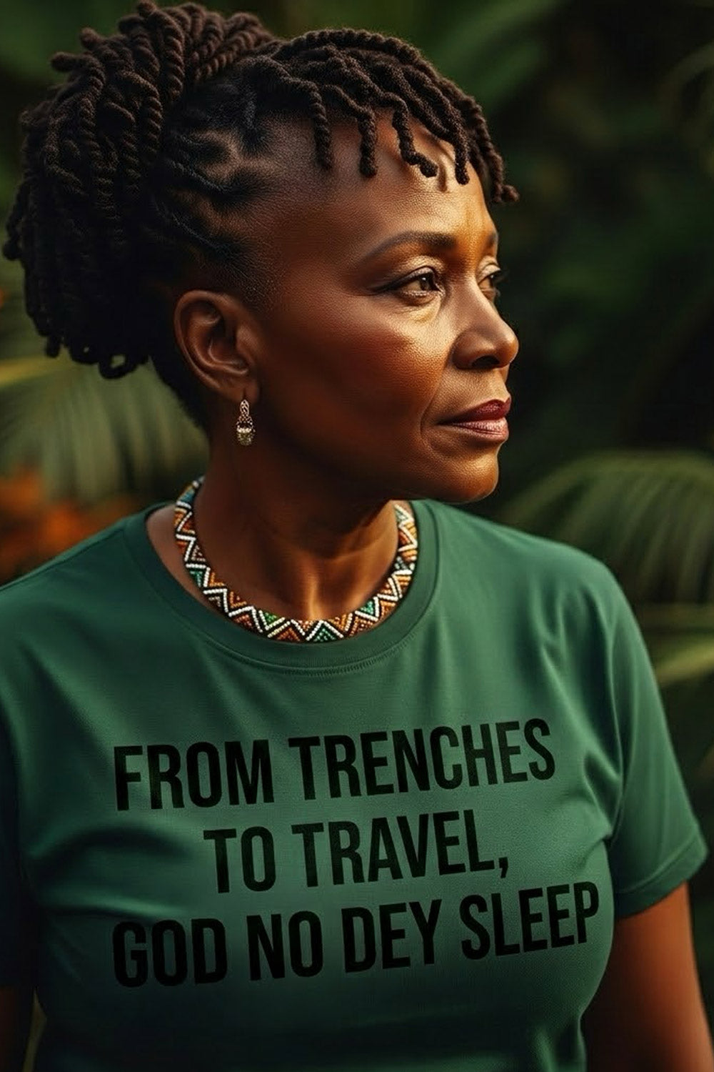 Serious older woman looking away in from trenches to travel God no dey sleep beautiful fruit perfect gift.