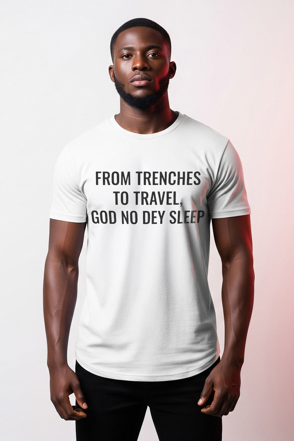 Confident man standing straight wearing from trenches to travel God no dey sleep steady blessing meaningful gift.