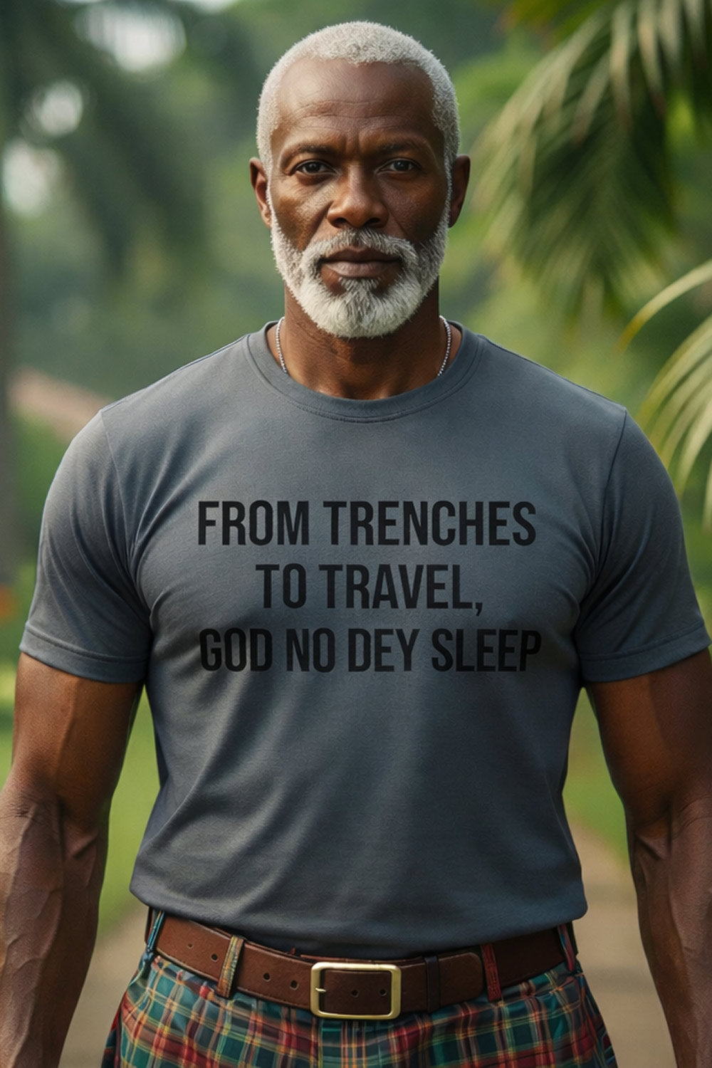 Calm older man looking forward in from trenches to travel God no dey sleep sincere hustle perfect gift.
