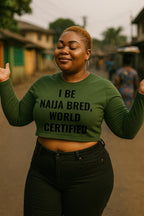 Happy woman posing in I be naija bred world certified showing her strong roots perfect gift.