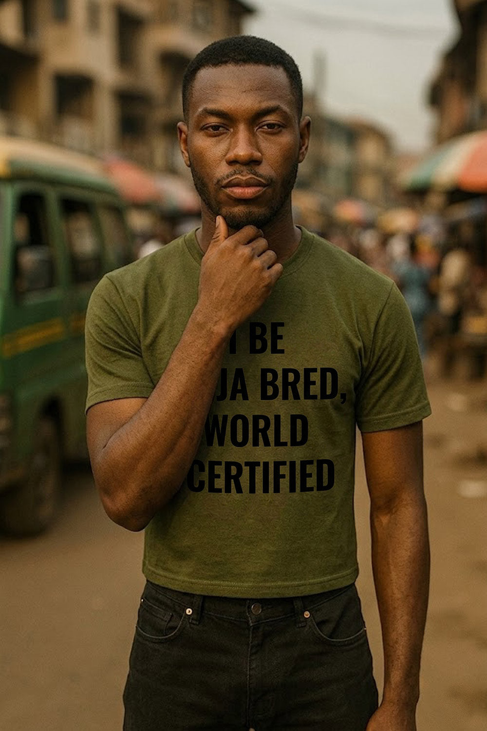 Serious man touching chin in I be naija bred world certified showing steady excellence perfect gift.