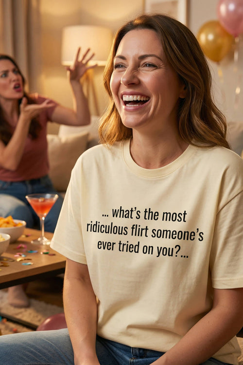Laughing woman at party wearing what's the most ridiculous flirt someone's ever tried on you, friend gift.