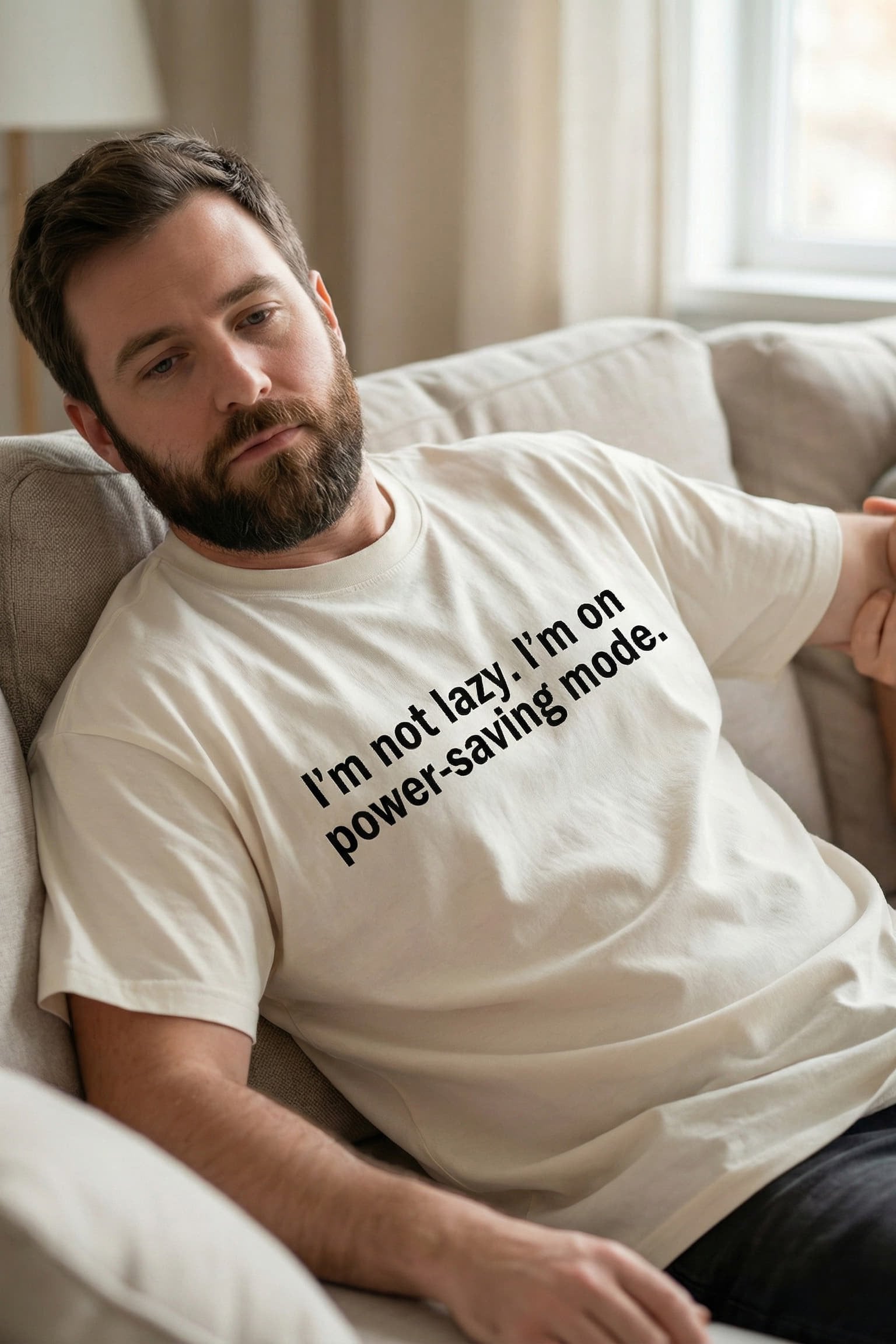 Relaxed man on couch wearing I'm not lazy I'm on power-saving mode embracing unapologetic rest, perfect gift.