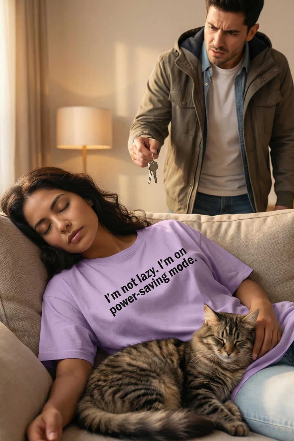Woman sleeping with cat wearing I'm not lazy I'm on power-saving mode doing absolutely nothing, perfect gift.