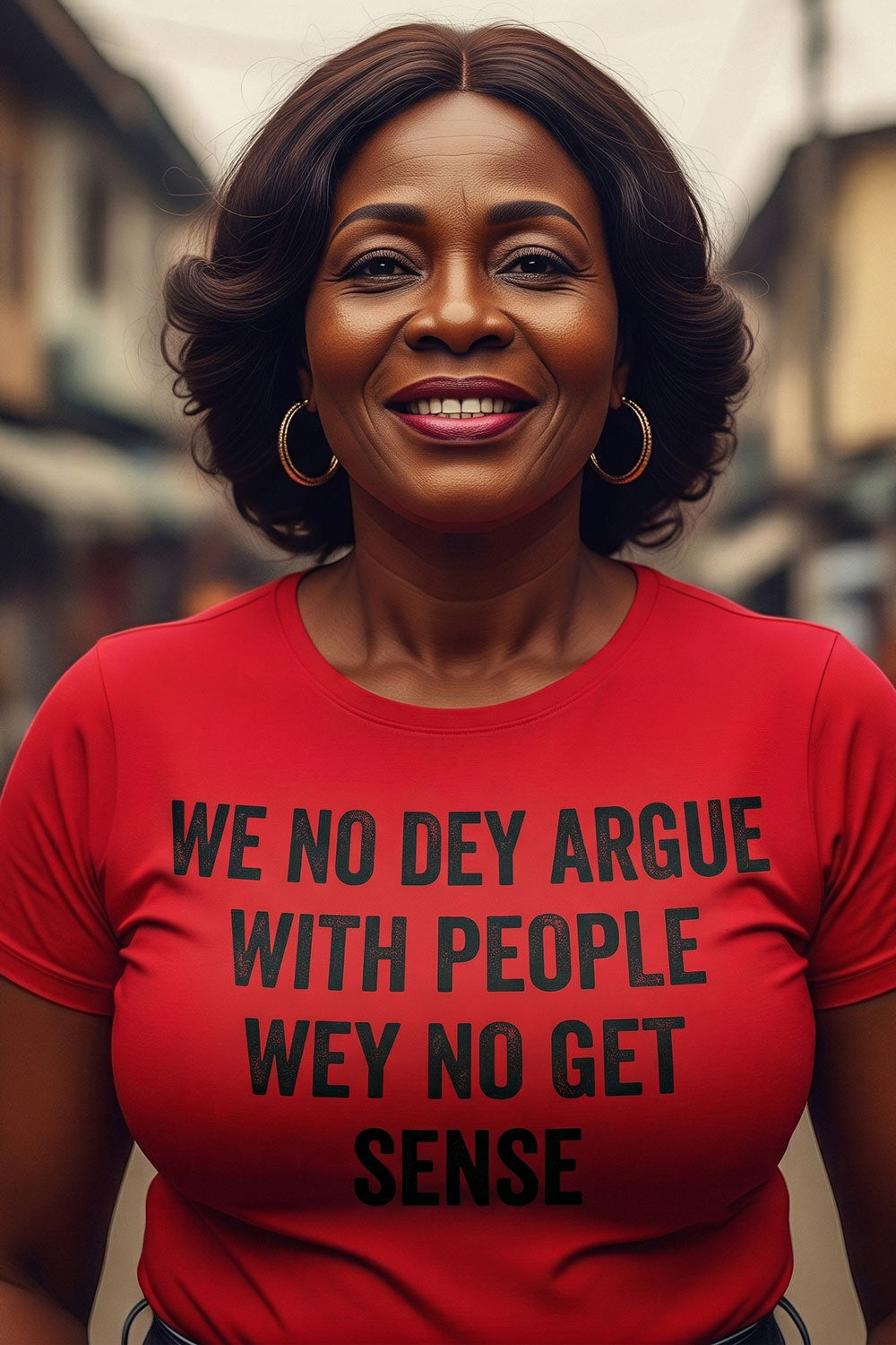 Smiling older woman standing in we no dey argue with people wey no get sense mature boundary gift.