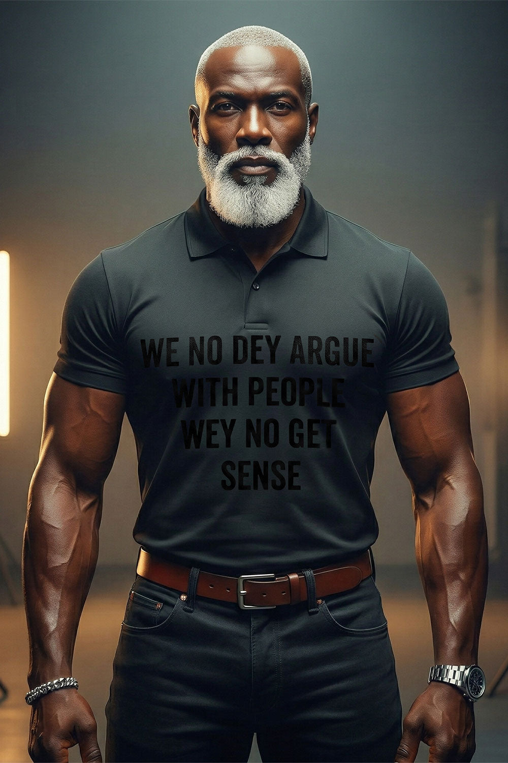 Calm strong man standing wearing we no dey argue with people wey no get sense steady peace gift.