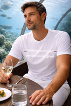 Confident man wearing talking to myself we get along great having honest conversations, ideal for introverts.