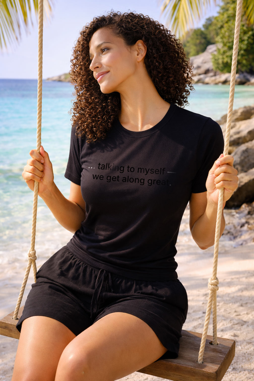 Relaxed woman wearing talking to myself we get along great on a beach swing enjoying her own company.