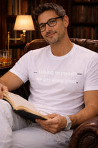 Casual lifestyle shot of man wearing talking to myself we get along great finding peace in self-acceptance.