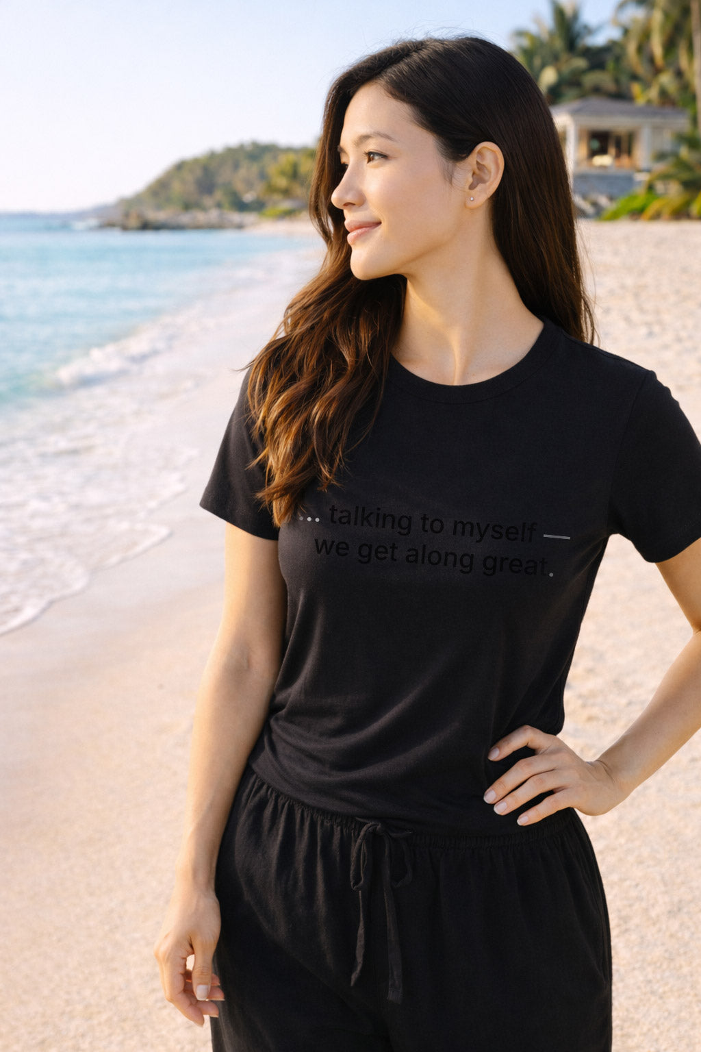 Happy person wearing talking to myself we get along great on the shore celebrating a milestone of growth.