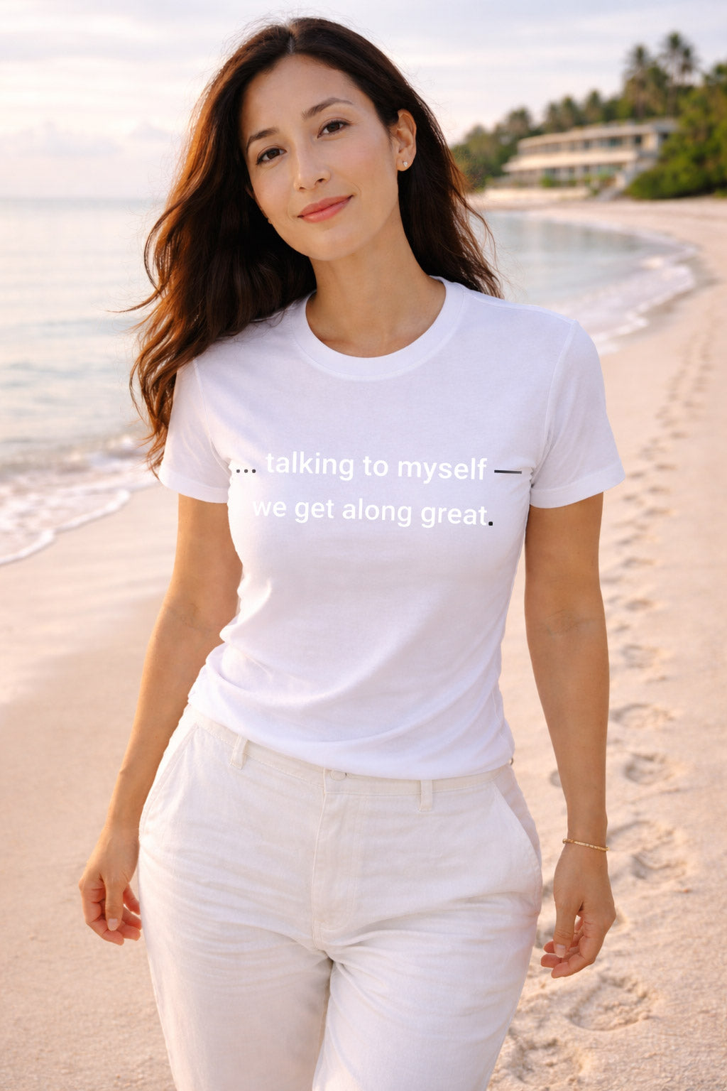 Cheerful person wearing talking to myself we get along great embracing quiet milestones of personal growth.