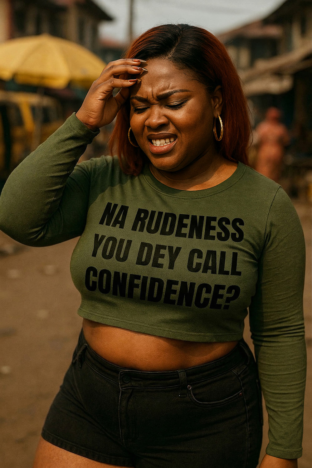 Annoyed woman touching head in na rudeness you dey call confidence separating empty noise meaningful gift.